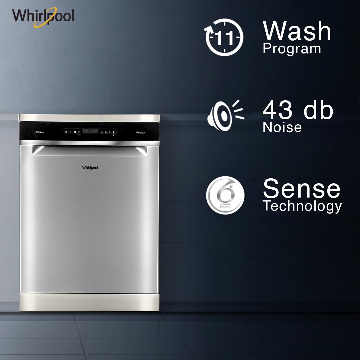 Whirlpool 14 Place Settings PowerClean Pro Technology Dishwasher WFO 3O33 PL N X IN Inox 30% extra space 11 wash Programs Clean and Dry