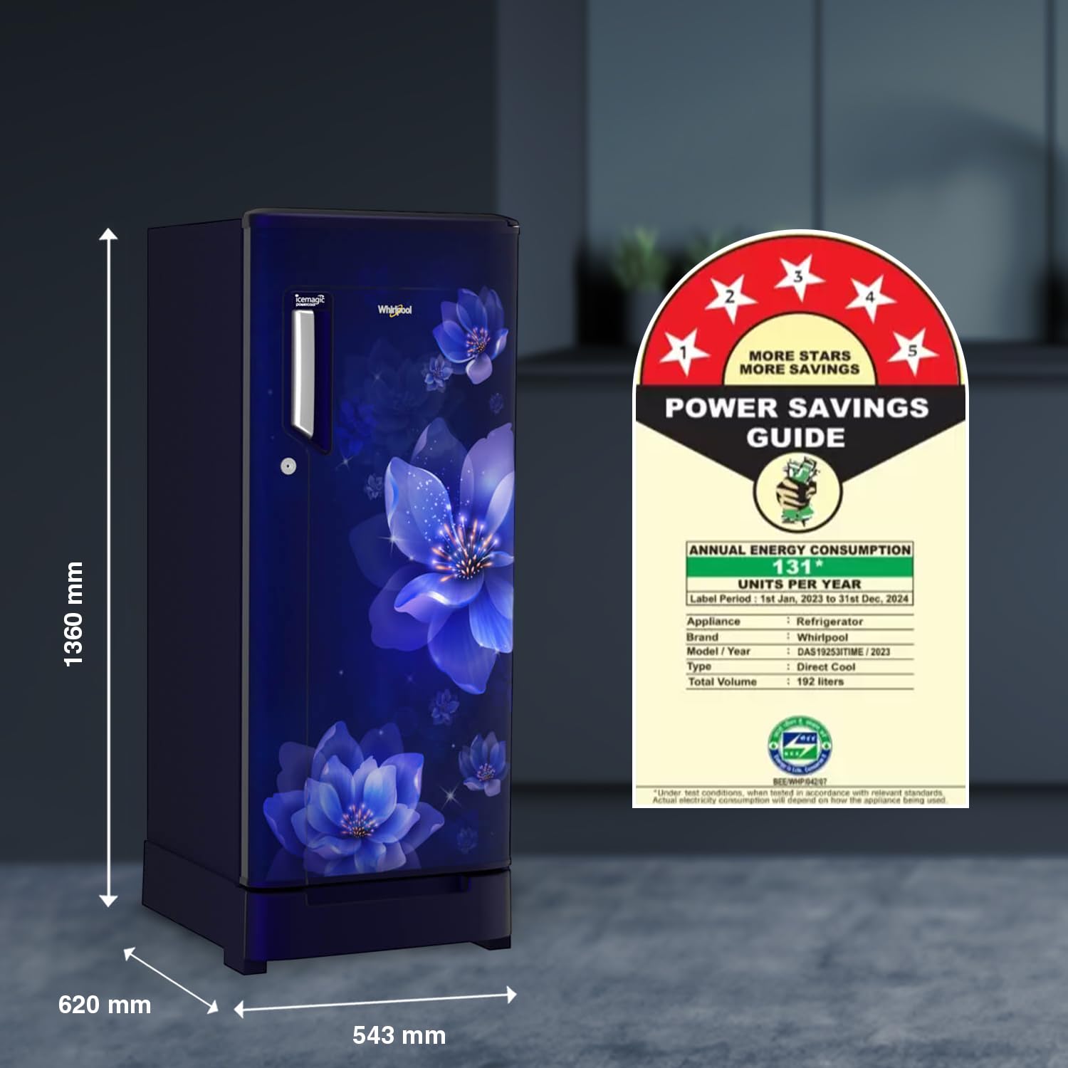 Whirlpool 192 L 5 Star Icemagic Powercool Inverter Direct-Cool Single Door Refrigerator (215 IMPC ROY 5S Inv SAPPHIRE MULIA-Z, Base Stand with Drawer)