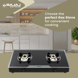 Bajaj 2Brgp7 Stainless Steel Glass Top Gas Stove with 2 Brass Burners, Isi Certified, Anti-Viral & Anti-Bacterial Coating, Black, Regular, Open