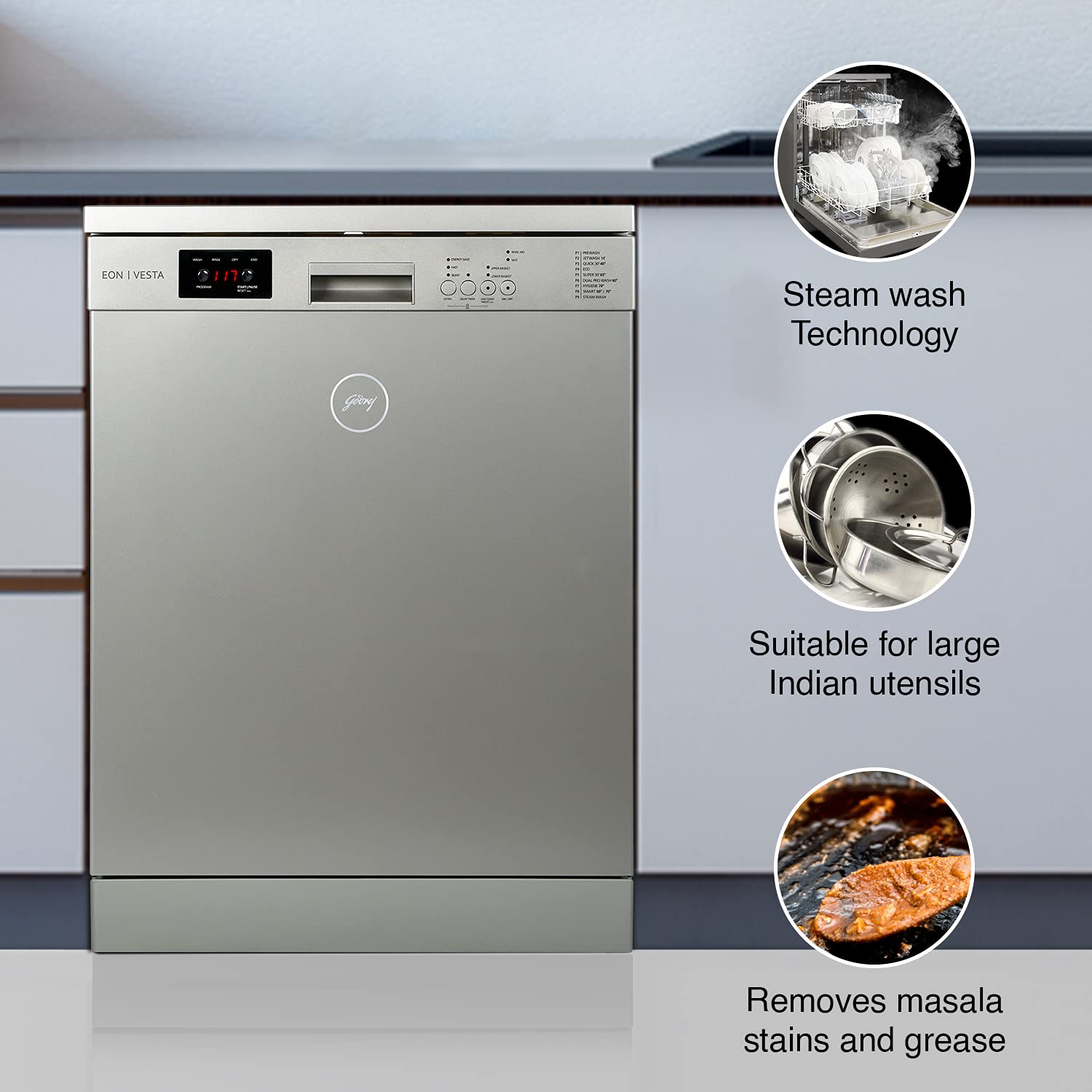 Godrej Eon Dishwasher | Steam Wash Technology |13 place setting |Perfect for Indian Kitchen| A+++ Energy rating | DWF EON VES 13Z SI STSL- Satin Silver