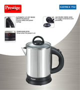 Prestige 1.7 Litres Electric Kettle(PKGSS 1.7)|1500W |Silver and Black | 1.7 Litres | Stainless Steel| Automatic Cut-off | Wide Mouth | Power Indicator | Single-Touch Lid Locking