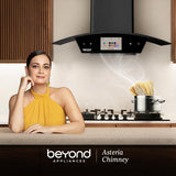 Beyond Appliances Asteria 90cm BLDC Auto Clean Kitchen Chimney | 1800 CMH Suction | Filterless | Curved Glass | Smart Screen & Speakers | Touch Control | Black(ASTERIA BLDC 90/BA-CR-AS-AD-BL-90-CH)
