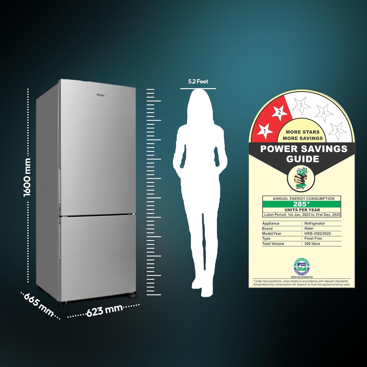 Haier 300 L, 2 Star, Frost Free Double Door Bottom Mount Refrigerator(HRB-3502BS-P, Brushline Silver)