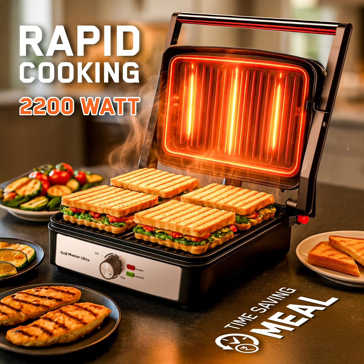 INALSA Sandwich Maker 2200W|Large Non-Stick Coated Cooking Plates|Adjustable Temperature Control|Dual Safety Thermostat|Cool Touch Handle|Removable Oil Collector Tray|2 Yr Warranty,Grill Master Ultra