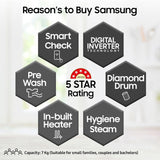 Samsung 7 KG, 5 star, Hygiene Steam with Inbuilt Heater, LED Display, Diamond Drum, Fully-Automatic Front Load Washing Machine with 20 years warranty on Digital Inverter(WW70R20GLSS/TL, DA SILVER)