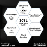 Samsung 301 L, 3 Star, Convertible 5-in-1 Digital Inverter with Display Frost Free Double Door Refrigerator (RT34C4523S9/HL, Silver, Refined Inox, 2024 Model)