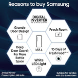 Samsung 183 L, 3 Star, Digital Inverter, Direct-Cool Single Door Refrigerator (RR20H1Y23S8/HL, Silver, Elegant Inox, Single Touch Defrost, )