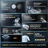 Haier 11 Kg (Wash) / 7 Kg (Dry), 5 Star, Powered by AI-DBT, Direct Drive Technology, Wifi, PuriSteam, I-Refresh, Front Load Fully Automatic Washer Dryer, (EFLD110-DM14IEICBKU1, In-built Heater,Black)