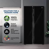 Haier 602L 3 Star 2 Door Premium Glass Side by Side Frost Free Refrigerator|100% Convertible|Wi-Fi|Expert Inverter Technology|Digital Display Panel|Triple Twist Ice Maker (HRS-682KGU1, Black Glass)