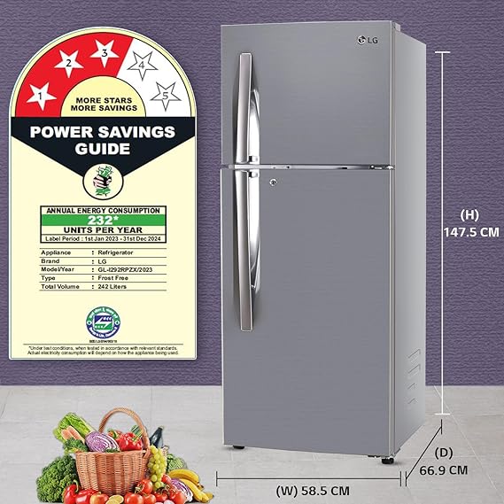 LG 242 L 3 Star Smart Inverter Frost-Free Double Door Refrigerator (GL-I292RPZX, Shiny Steel, Door Cooling+)