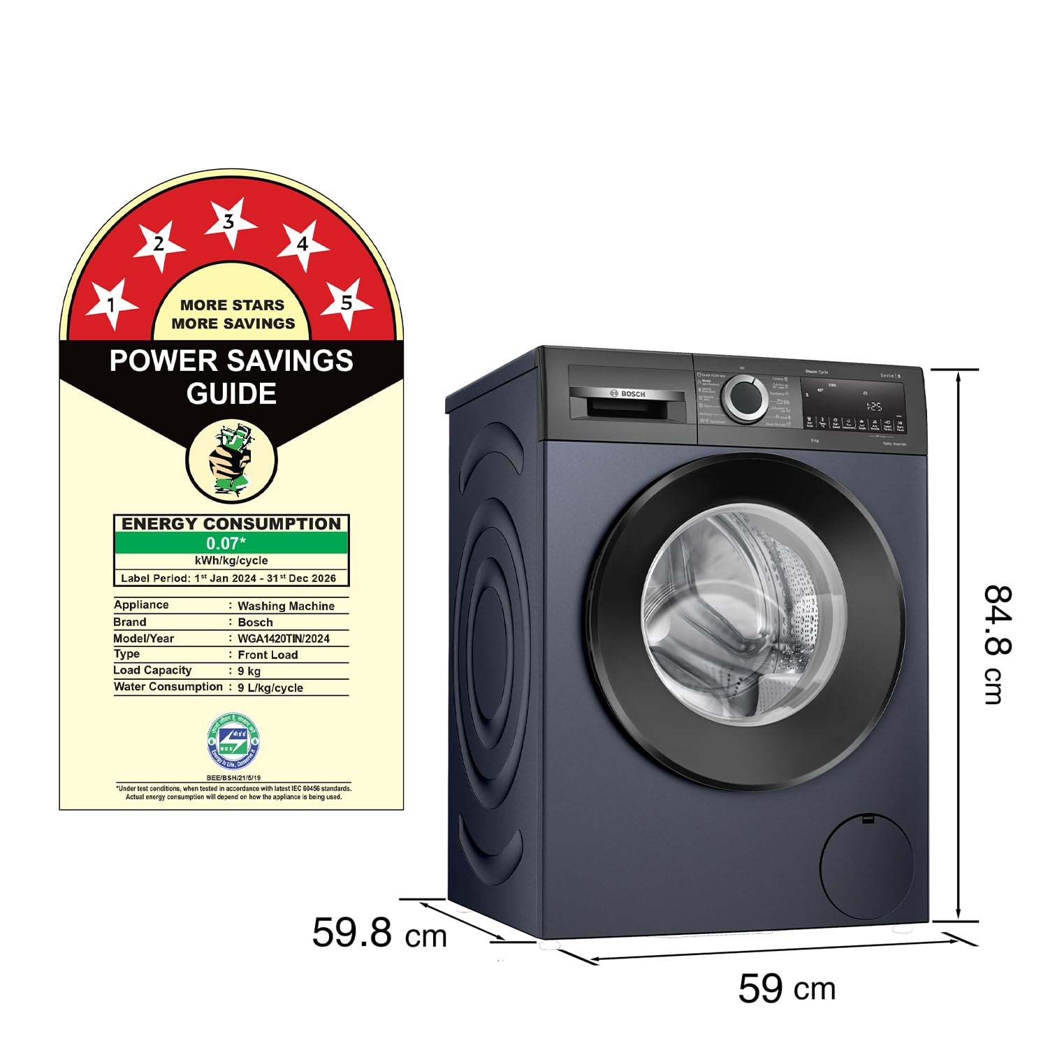 Bosch 9kg 5 Star Anti Stain & AI Active Water Plus Fully Automatic Front Load Washing Machine with Built in Heater (WGA1420TIN, Pretreatment & Steam with Anti Bacteria and 5 Star Inverter, Black Grey)