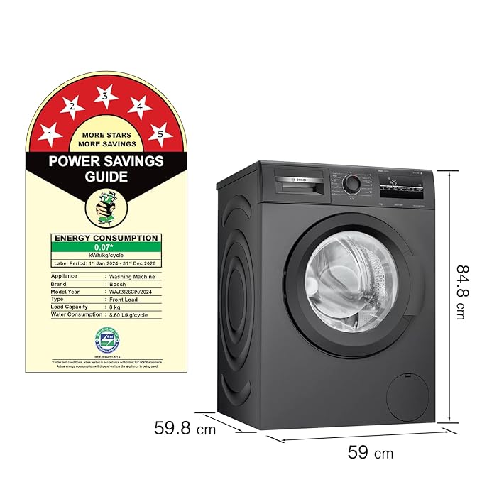 Bosch 8 kg 5 Star Fully-Automatic Front Loading Washing Machine (WAJ2826CIN, Black Grey, AI active water plus, In-Built Heater)