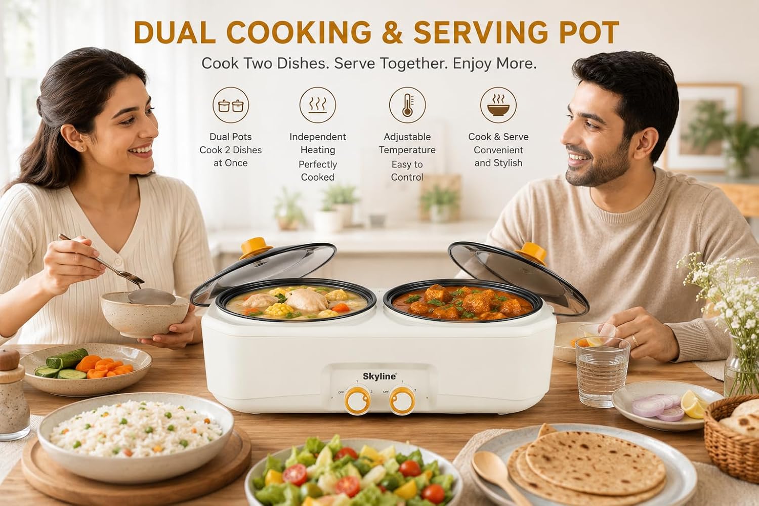Sky line Dual Pot Electric Cooking & Serving Pot, 1200W, 2x1.5L Capacity, Adjustable Temperature