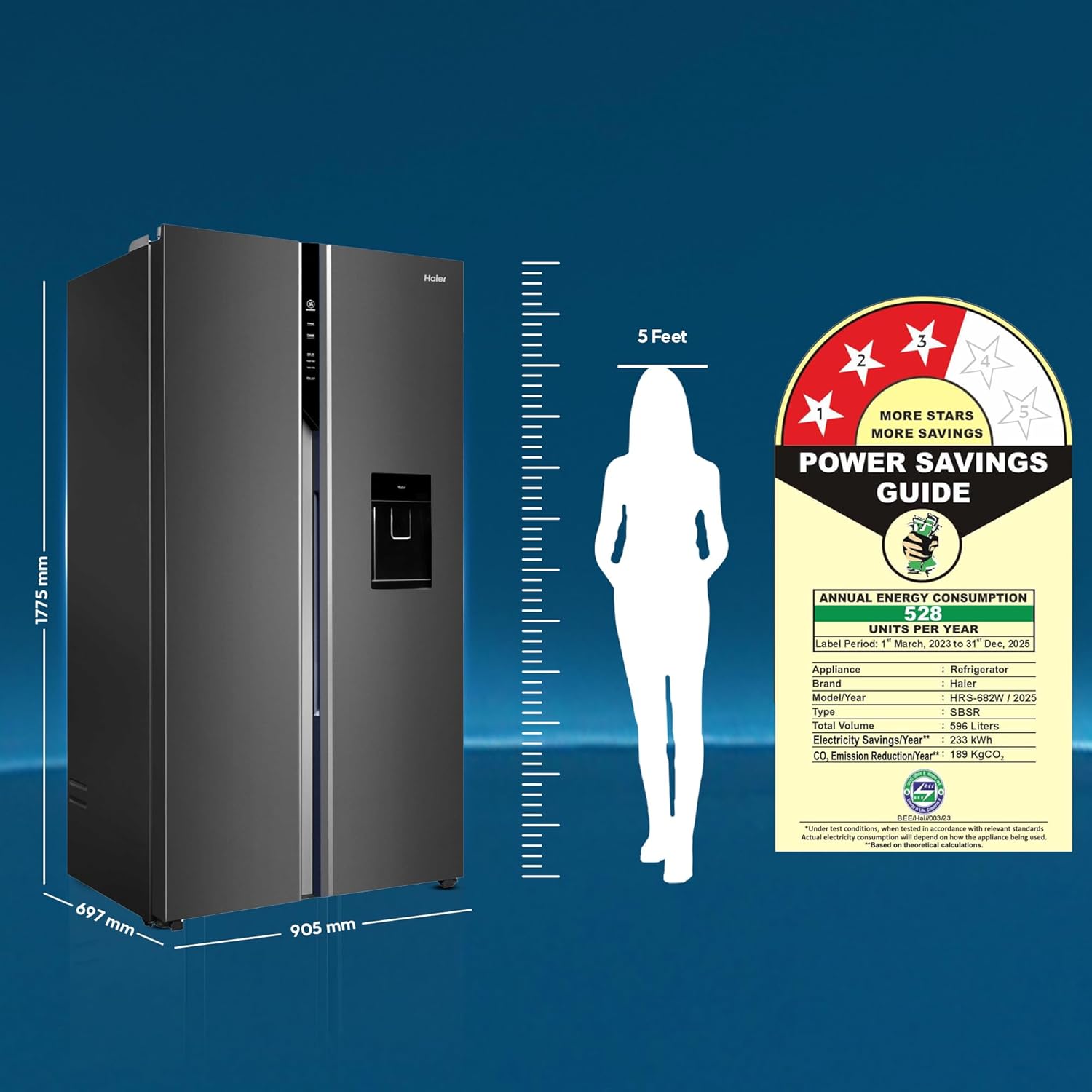 Haier 596L 3Star 2Door Water Dispenser Side by Side Frost Free Refrigerator (HRS-682WGKU1, Graphite Black)
