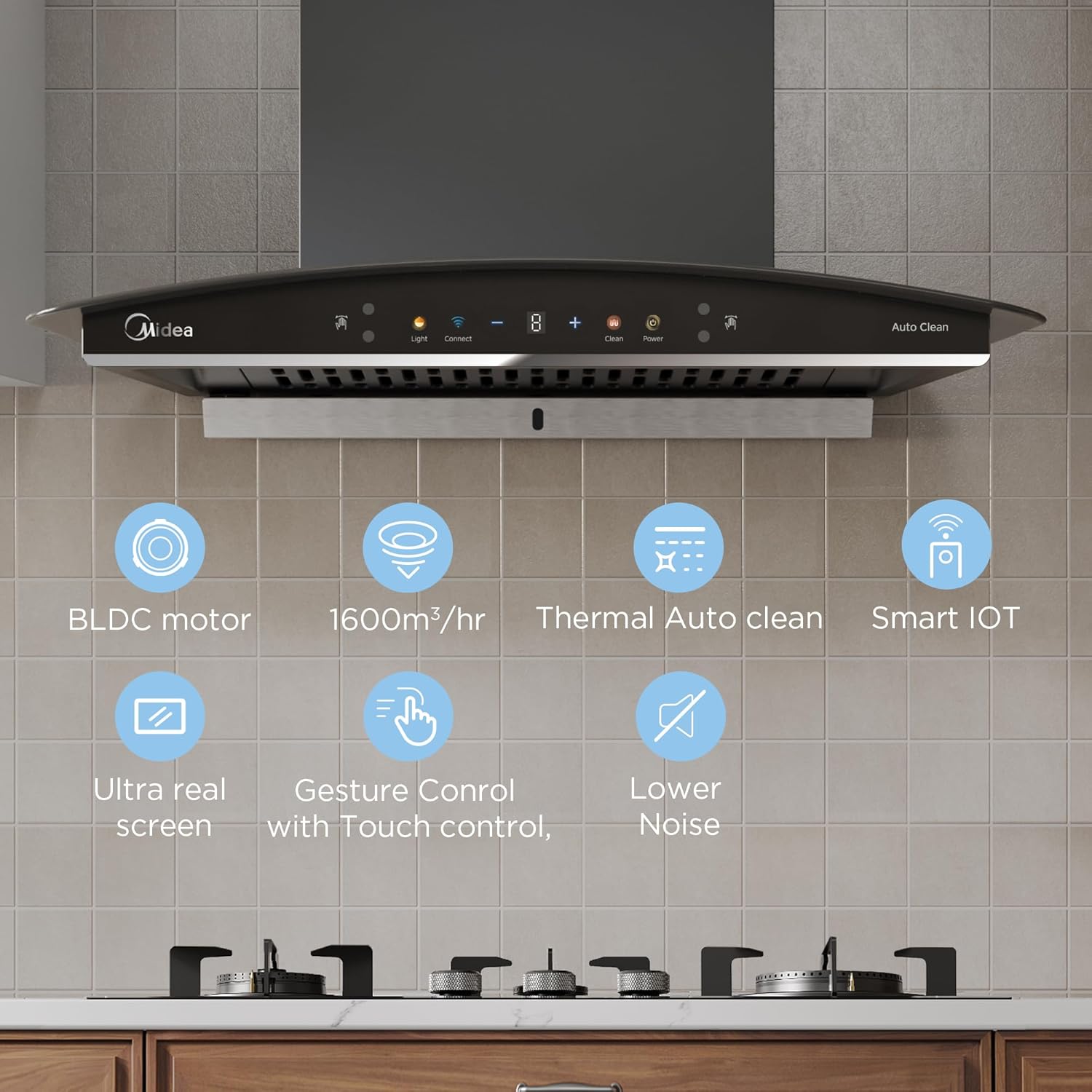 Midea 90 cm 1600 m3/hr BLDC, Filter-less, Wi-Fi enabled, intelli- Autoclean, 9 speed kitchen Chimney, Free Installation Kit (Megan Auto Clean), Black