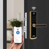 Godrej Smart Lock I Catus Connect I Digital Lock for Wooden Door | 5 in 1 Access I WiFi I Fingerprint I RFID Card I PIN Access I Mechanical Key I 3 Strong Locking Dead Bolts I Champagne Gold
