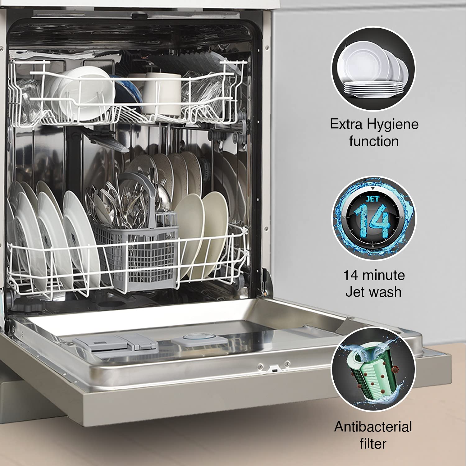 Godrej Eon Dishwasher |12 place setting|Anti-Germ CrystaLight powered by UV Technology|Extra Hygiene function|Perfect for Indian Kitchen|A+++ Energy rating |DWF EON VES 12B UI STSL- Satin Silver