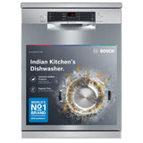 Bosch 15 Place Setting (fits up to 80 utensils) Free-Standing Dishwasher for Indian Utensils | Hygiene+ & Intensive Kadhai Program (SMS46KI03I, Silver Inox, Inbuilt Heater, Removes 99.9% Germs)