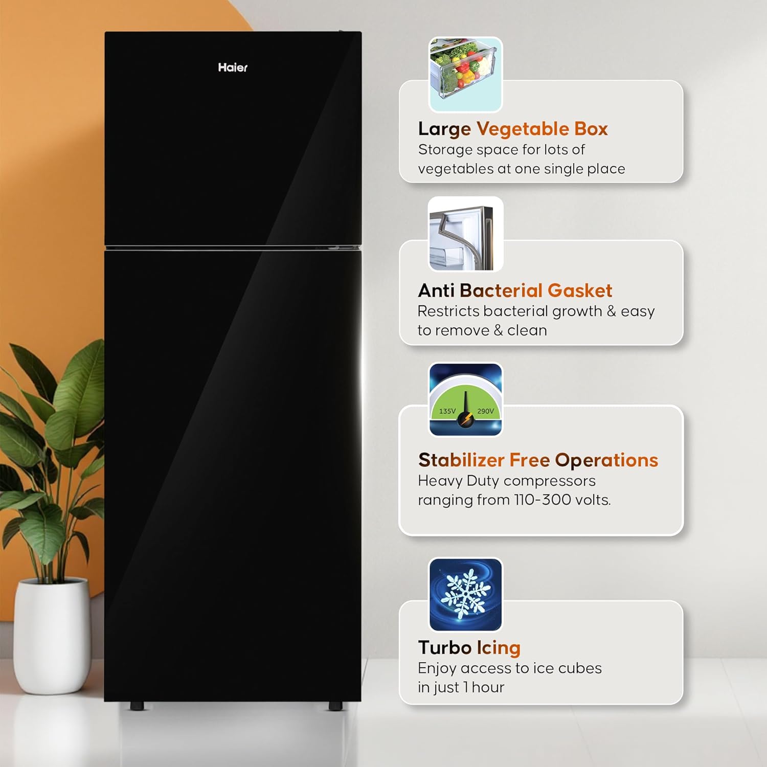 Haier 240L 2 Star Frost Free Top Mount Double Door Refrigerator|Cool Pad|200% Faster Ice Making in 49 Minutes (HRF-2902EKG-P, Black Glass)