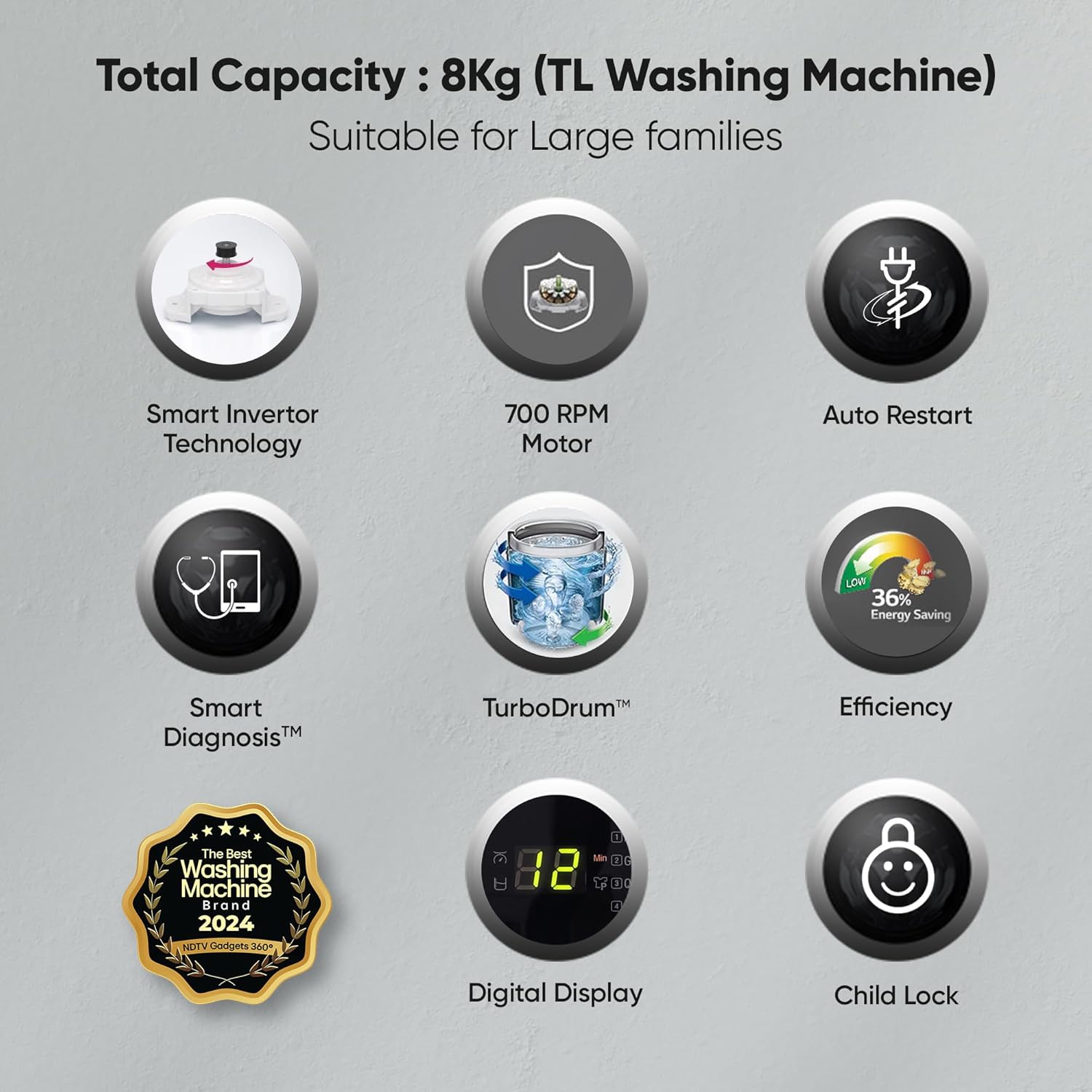LG 8 Kg 5 Star Inverter TurboDrum Fully Automatic Top Loading Washing Machine (T80SKSF1Z, Waterfall Circulation, Digital Display, Middle Free Silver)