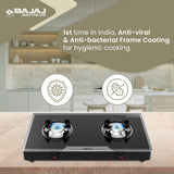 Bajaj 2Brgp7 Stainless Steel Glass Top Gas Stove with 2 Brass Burners, Isi Certified, Anti-Viral & Anti-Bacterial Coating, Black, Regular, Open