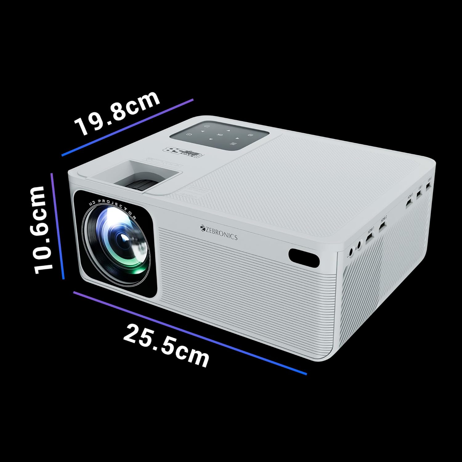 ZEBRONICS PIXAPLAY 58, Smart Projector, 12000 Lumens, 4K Support, 210 Inch Screen Size, Quad Core Processor, Bluetooth, HDMI, USB, WiFi, AUX, 1080p Native, APP Support, Miracast