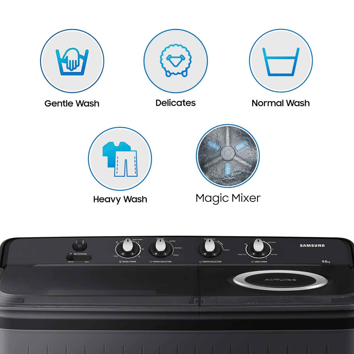 Samsung 9.5 Kg, 5 Star, Semi-Automatic Top Load Washing Machine (WT95A4260GD/TL, Air Turbo Drying, Dark Gray, 5 Year Warranty on Wash Motor)