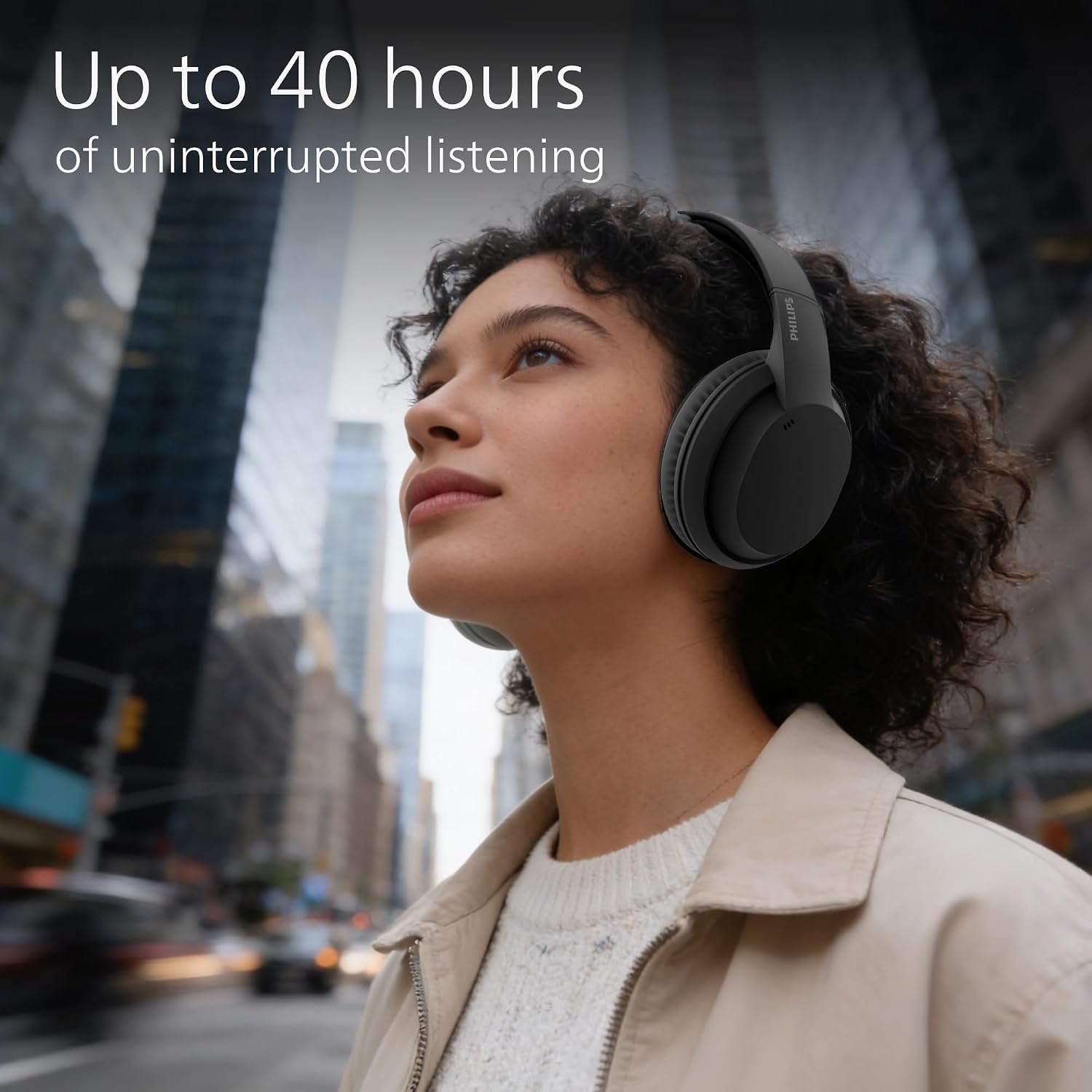 PHILIPS TAH4050 Wireless Bluetooth Headphones with Mic, 40mm Dynamic Drivers, Bluetooth 6.0, Up to 30H Playtime, Dual Device Pairing, USB-C Fast Charging, AUX Support, Over-Ear Headset, Black