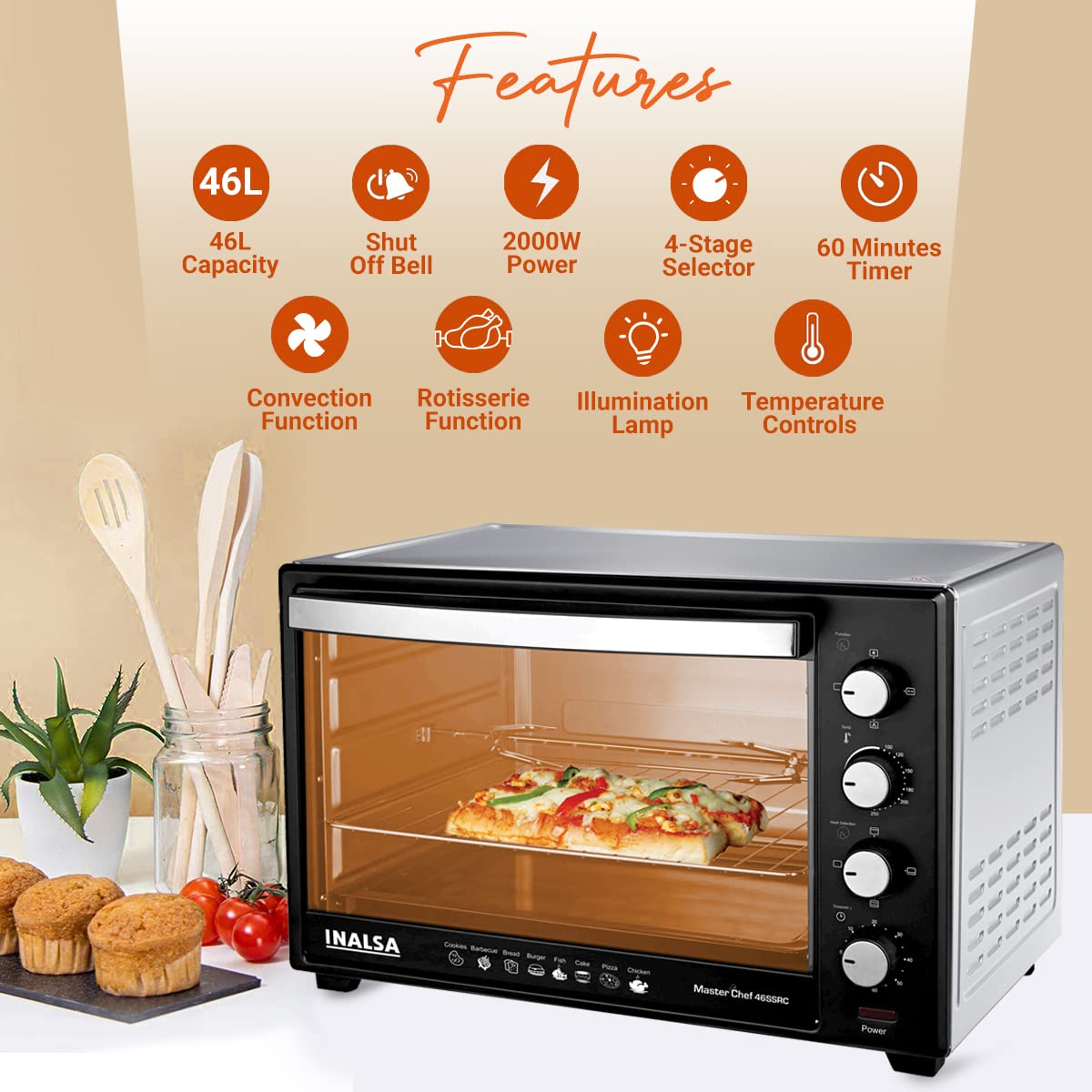 Inalsa Oven MasterChef 46SSRC OTG (46 Liter) with Motorised Rotisserie and Convection, 2000W, 4 Stage Heat Selection, Stainless-Steel Finish| Suitable For Big Families (Silver)