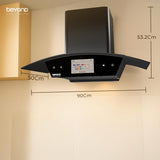 Beyond Appliances Asteria 90cm BLDC Auto Clean Kitchen Chimney | 1800 CMH Suction | Filterless | Curved Glass | Smart Screen & Speakers | Touch Control | Black(ASTERIA BLDC 90/BA-CR-AS-AD-BL-90-CH)