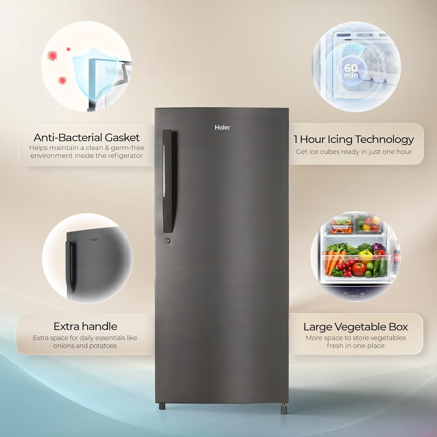 Haier 190 L 4 Star Direct Cool Inverter Single Door Refrigerator with Fast Ice Making, Easy Clean Back, Large Vegetable Box (HED-205DSA-P, Dazzle Steel, 2026 Model)