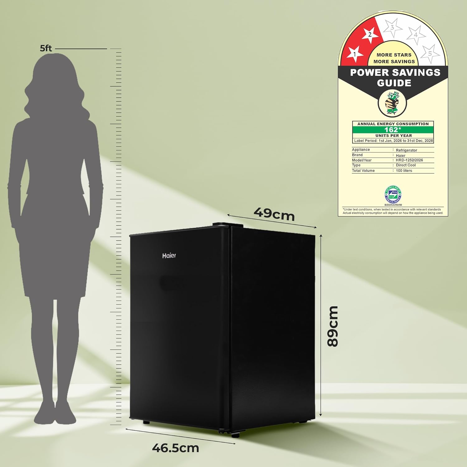 Haier 100 L 2 Star Direct Cool Single Door Mini Bar Refrigerator with Chiller Freezer Box, LED Light for Clear View, Lock & Key and Easy Clean Back (HRD-1252KSA, Black Steel, )