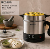 Faber 600W 1.2L Multi Cooker + Steamer|Cook Noodles, Rice, Soup, Baby Food, Boil Veggies & Eggs|Steam Momos|SS204 Container & Steamer, Egg Boiler Stand, Lid|Temp Control Knob|FMC1.2L PRO Steamer SS