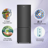 Haier 237 L, 3 Star, 8 In 1 Convertible, Twin Inverter Technology, Bottom Mounted Frost Free Double Door Refrigerator (HEB-243GB-P, GE Black)