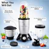 Nutri Go 500W Nutri Blender For Juicing, Mixing & Blending | 3 Jars | Juicer Mixer Grinder & Smoothie Maker for Kitchen | Stainless Steel Blade,(Silver, 3 Jars)