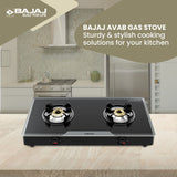 Bajaj 2Brgp7 Stainless Steel Glass Top Gas Stove with 2 Brass Burners, Isi Certified, Anti-Viral & Anti-Bacterial Coating, Black, Regular, Open
