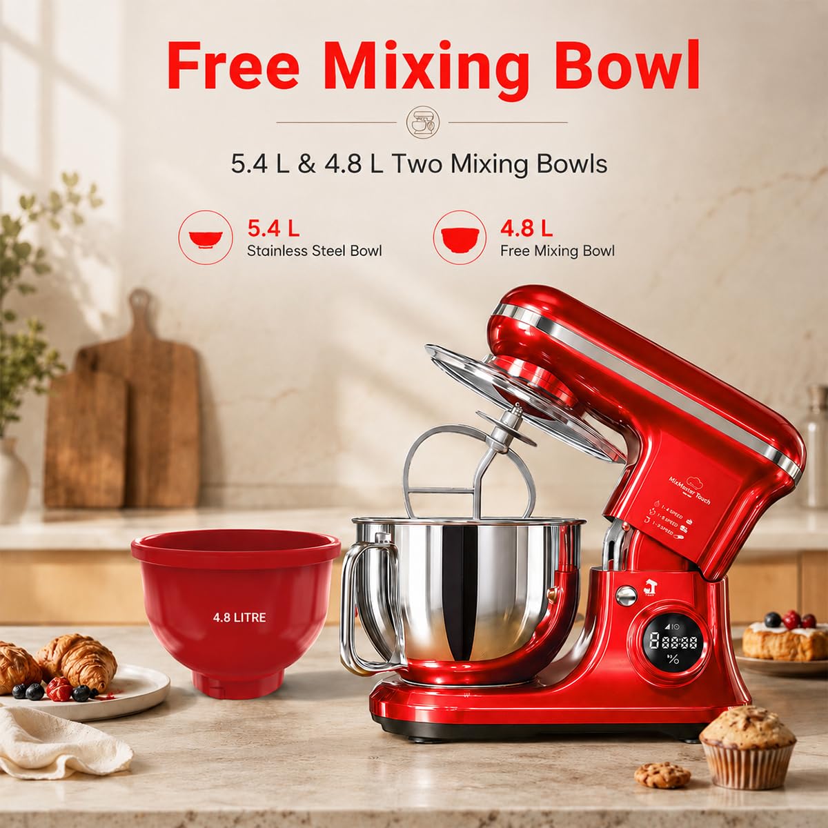 INALSA Professional Stand Mixer-Heavy Duty 1600 Watt Pure Copper Motor| 5.4L SS Bowl & 4.8 L Bowl|Touch Control with Digital Display|Includes Whisking Cone, Mixing Beater & Dough Hook, MixMaster Touch