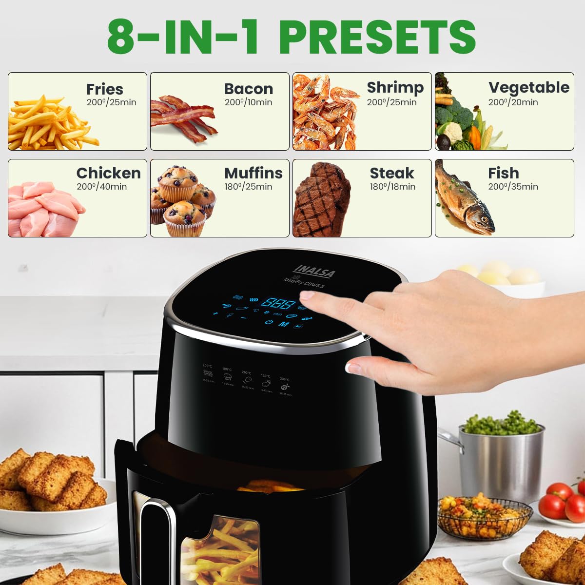 INALSA Non-Toxic Ceramic Coated Air fryer 5.5 L&1600 W Power|No PTFE,PFAS,PFOA &Microplastics|Visible Window|Digital Touch Panel,8 Presets|Low Oil Healthy Cooking, Tasty Fry CDW 5.5