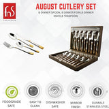 FnS Illumina 24 Pieces Stainless Steel Cutlery Set with Leatherette Gift Box | 6 Pieces Each Dinner Spoons, Dinner Forks, Tea Spoons & Butter Knives | Round Handle Flatware Set