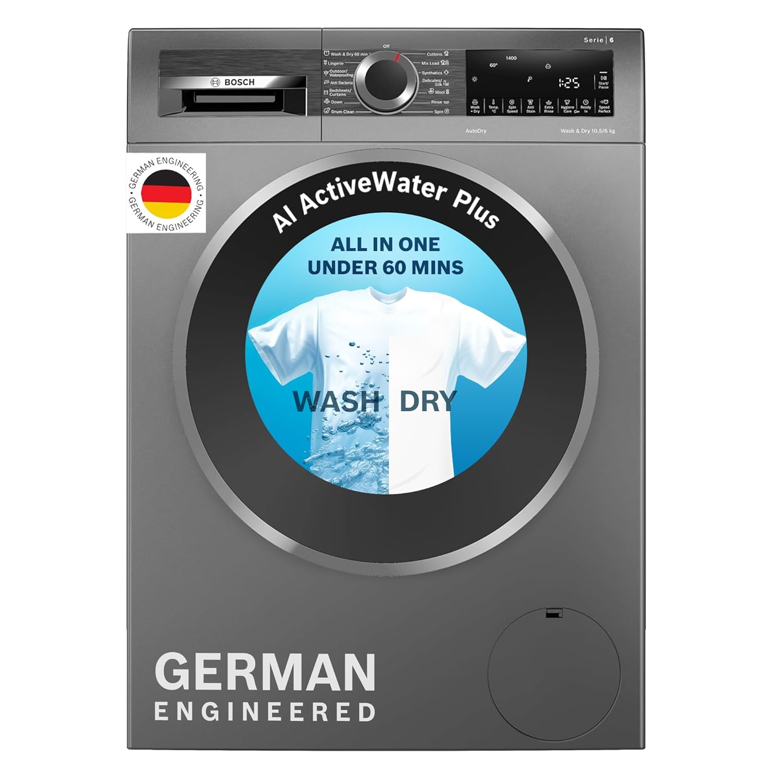 Bosch 10.5/6 KG Inverter Fully Automatic Front Load Washer Dryer (2023 Model, WNA2E4U1IN, 1400 RPM, 14 Wash Programs, LED touch display, Wash & Dry in 60 Mins, Cast Iron Grey)