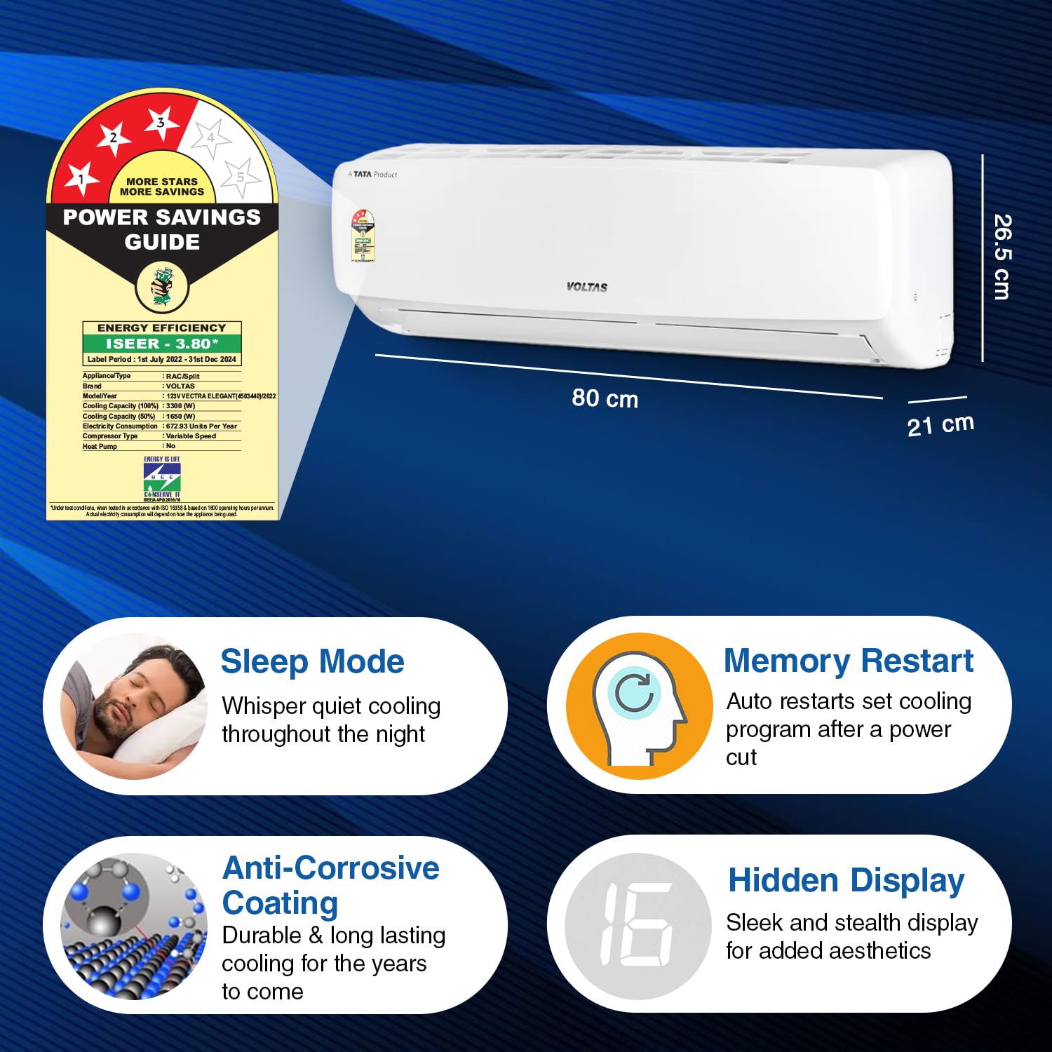Voltas 1 ton 3 Star Inverter Split AC (Copper, 4-in-1 Adjustable Mode, Anti-dust Filter, 123V CAE, White)