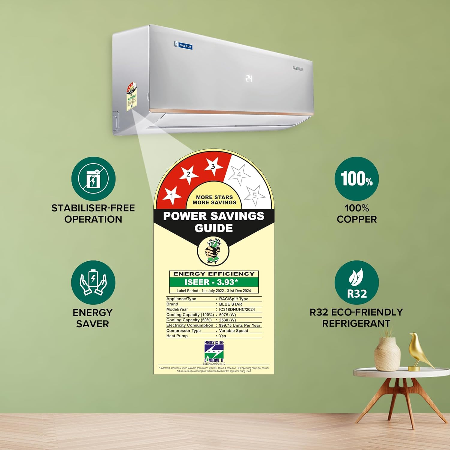 Blue Star 1.5 Ton 3 Star Hot and Cold, Inverter Split AC ( IC318DNUHC, White)