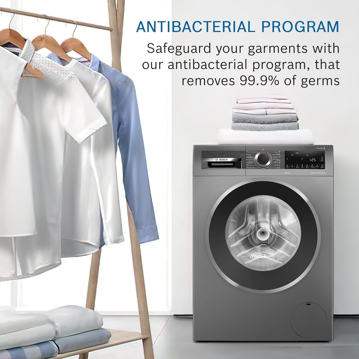 Bosch 10.5/6 KG Inverter Fully Automatic Front Load Washer Dryer (2023 Model, WNA2E4U1IN, 1400 RPM, 14 Wash Programs, LED touch display, Wash & Dry in 60 Mins, Cast Iron Grey)