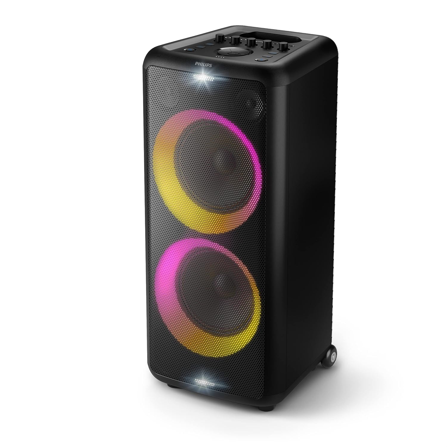 PHILIPS Party Speaker TAX5206, 160W Output, 14 hrs Playtime, 2X 8 Woofer & 2 x 2.5 Tweeter, Guitar & Mic Input, Party Lights, Trolley with Wheels (Black),with Additional Mic