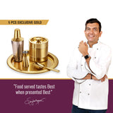 Sanjeev Kapoor Stainless Steel 5pcs Bar Tool Set-1 Bar Tray – 16 inch,1 Cocktail Shaker – 33oz/1000 ml,1 Ice Bucket – 1.5 L Double Wall,1 Ice Scoop – Hollow Handle &1 Peg Measure – 30/60 ml(Gold)