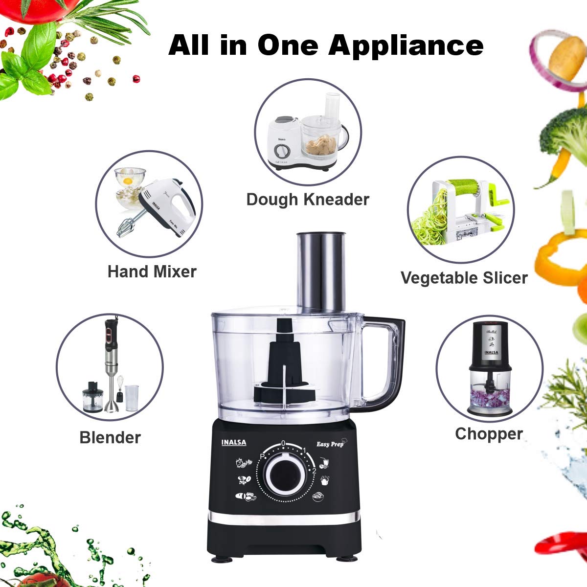 INALSA Food Processor with Atta Kneader 800 Watts|1.4L Processing Bowl 7 Accessories including Dough Maker Electric Chopper,French Fry Cutter, Slicer,Shredder,Meat Mincer Dough Maker Machine, Easy Prep
