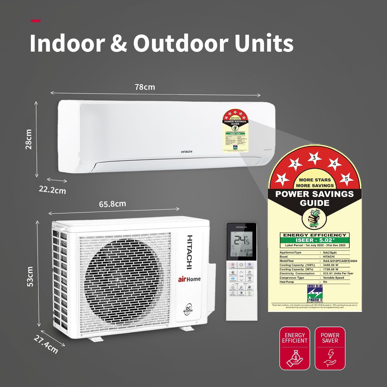 Hitachi 1 Ton Class 5 Star Inverter Split AC , 5400FXL RAS.G512PCBIBT, White)