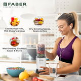 Faber 3-In-1 Sportz Blender |Chopping Jar, Smoothie & Grinding Jar (Wet & Dry)| Abs Body, Detachable Ss Blades, 400 Watts Motor, 1 Sipper Cap & 3 Lids, 2 Spill Proof Jars & 1 Chopping Bowl| (Silver)