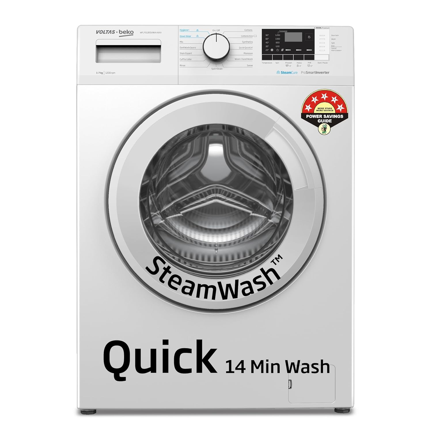 Voltas Beko, A Tata Product 7 Kg 5 Star Inverter, Quick 14-Min Wash Fully Automatic Front Load Washing Machine (WFL7012B7JVBKA/WXV, White, Inbuilt Heater/Hygiene Steam/Digital Display)