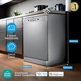 Midea 13 Place Settings Free Standing silver Dishwasher |FMDWPF1301F(SS)-WG|7 Wash Programs | LED Display | Power Wash | Wi-Fi Enabled with Midea SmartHome App | Self c